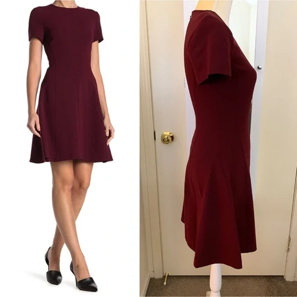 THEORY Modern Seamed Short Sleeve Jewel Neck Shift Dress in Deep Mulberry - Picture 2 of 14
